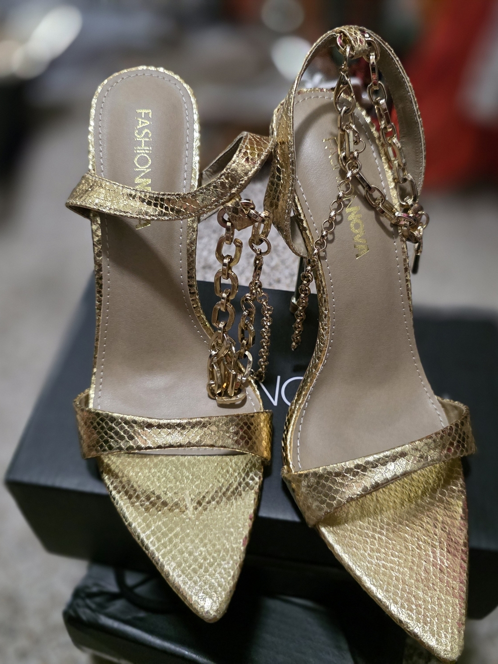 Fashion Nova Gold Metallic Snakeskin Chain-Ankle Pointed Heels